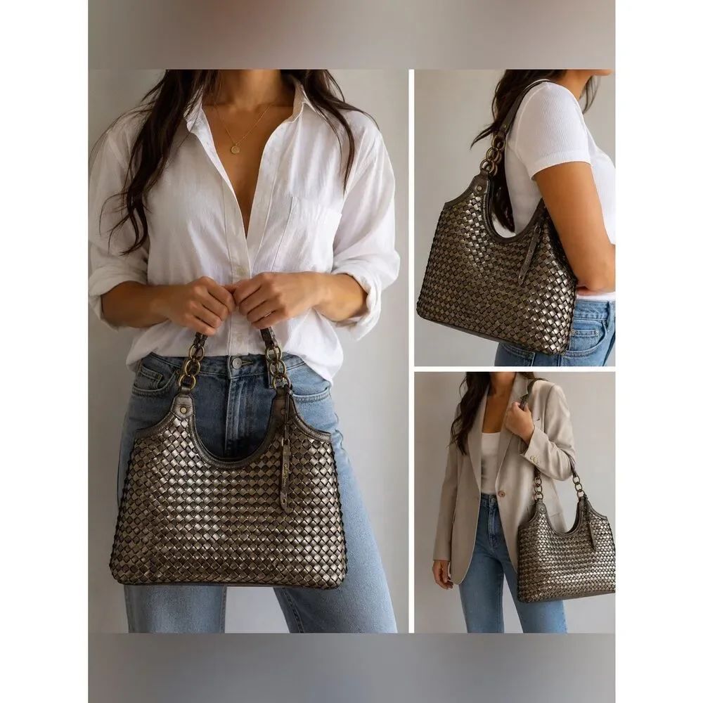 Cole Haan  Woven Leather Rose Gold & Tan Shoulder Bag See Description